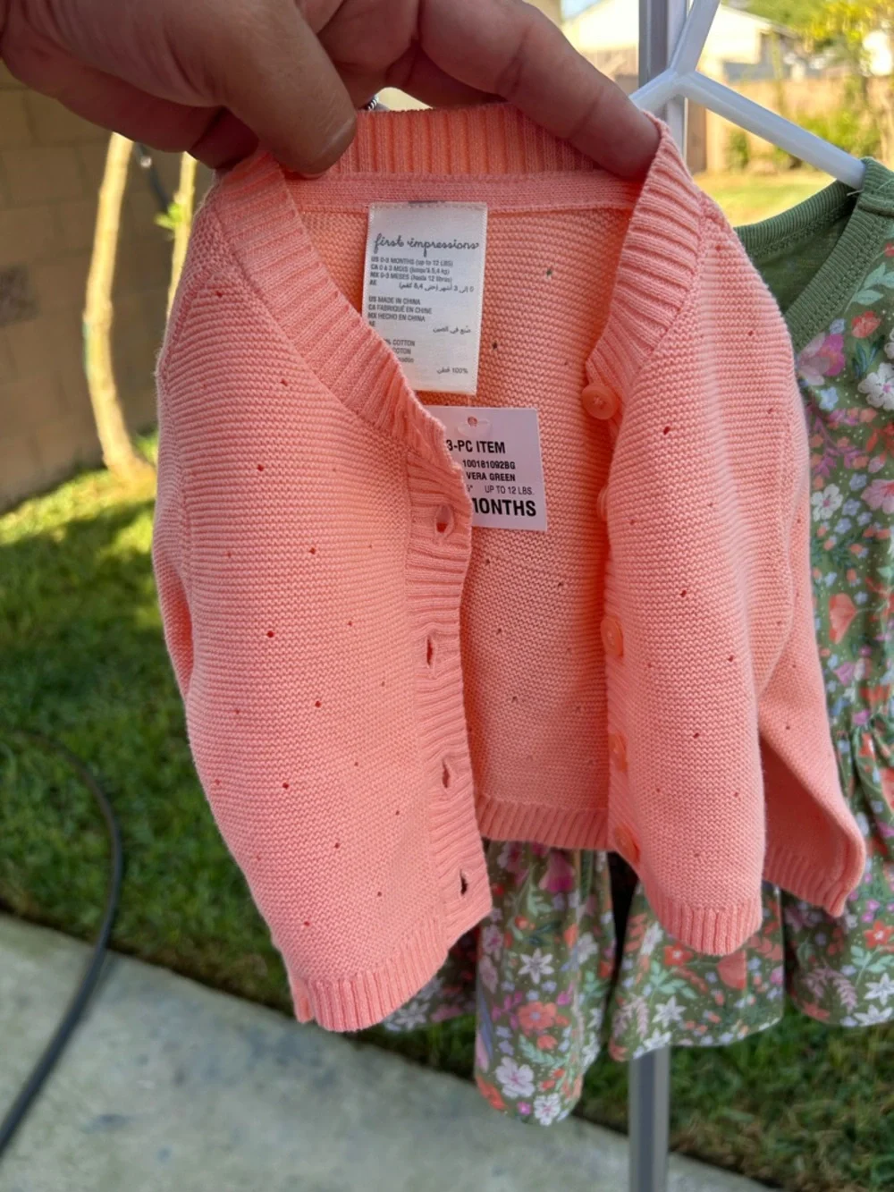 First Impressions Pink Cardigan with Green Floral Dress Set